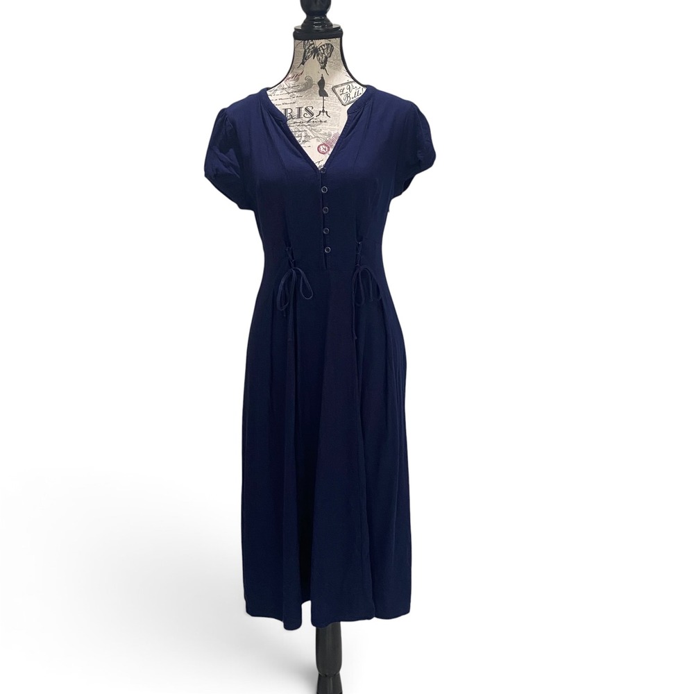 J. Glee Midi Dress Womens S Navy Blue Lace Up Waist Puff Sleeve Linen Blend